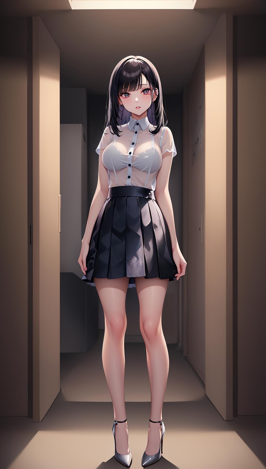 A woman in a short skirt and high heels standing in a hallway - SeaArt AI