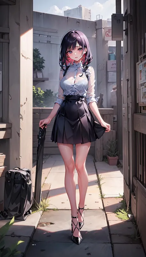((((ultra illustrated style:1.0)))),best quality,best animated,masterpiece,ray tracing, global illumination,see-through,1girl, solo, standing, full body, looking at viewer, outdoors,skirt, high heels, <lora:bra visible through white shirt:0.9>