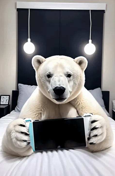 nintendo switch,  [32k|16k|best-quality], polar bear 🐻‍❄️  🕹️ , Warm bedroom with comfy bed 🛏️🏠, Soft interior lighting for a relaxing and cosy atmosphere, The white colour of the polar bear echoes the warm tones of the bed, and the bright colours of the Switch in his hand add vibrancy, relaxing and enjoyable, Polar bear lying comfortably on the bed, holding the Switch console with both hands, eyes focused on the screen 🛌👀 <lora:sex_from_behind-10:0.8> 