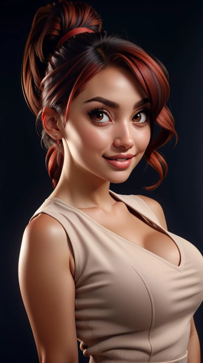 <lora:Coral_Miller:1> red hair, ponytail, wavy hair, brown eyes, black background, high quality photography