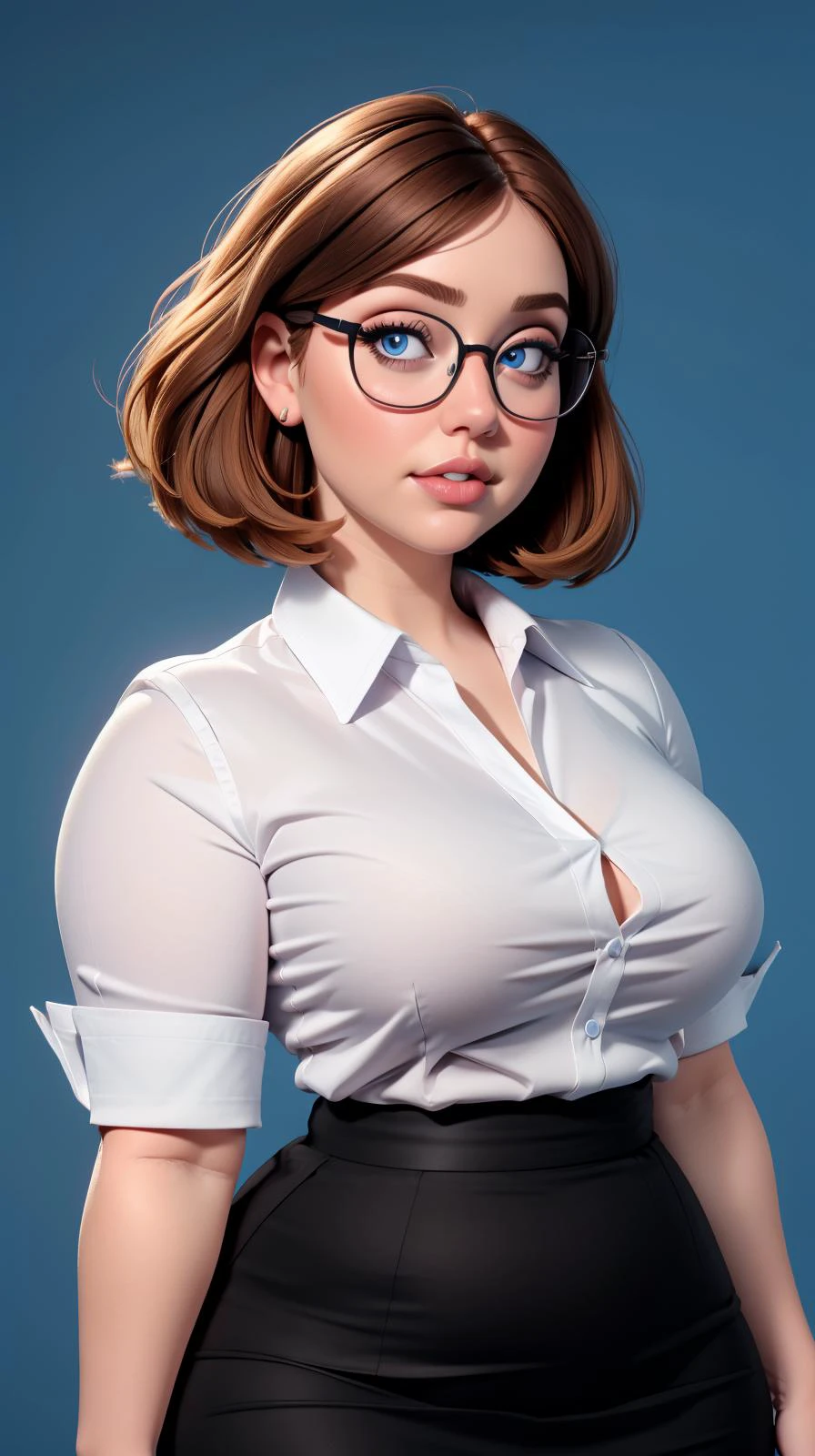 <lora:Vanessa_Harris:1> glasses, chubby, curvy, bbw, light hazelnut hair, bob haircut, blue eyes, full lips, solo, upper body, looking at viewer, office clothing, white shirt, black skirt, dressed, blue background, simple background, sfw, <lora:MS_Real_WideHips_Lite:0.6> <lora:zhifu:0.6>