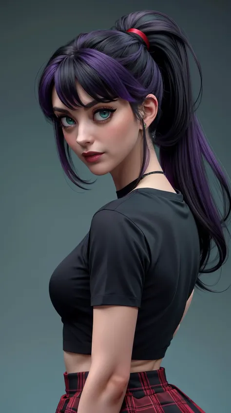 <lora:Jessica_Dupont:1>, solo, upper body, looking at viewer, high ponytail, black and violet harir, green eyes, black top, t-shirt, red squared skirt, blue background, simple background, <lora:LORA-XenoDetailer-v2:1> <lora:Sexy School Uniform By Stable Yogi:0.6>