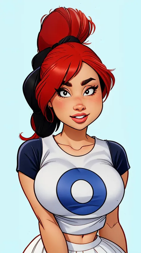 <lora:Coral_Miller:1> red hair, ponytail, wavy hair, brown eyes, solo, upper body, looking at viewer, white top, t-shirt, black mini skirt, blue background, simple background, <lora:p3r3zstyle_v3:0.8>