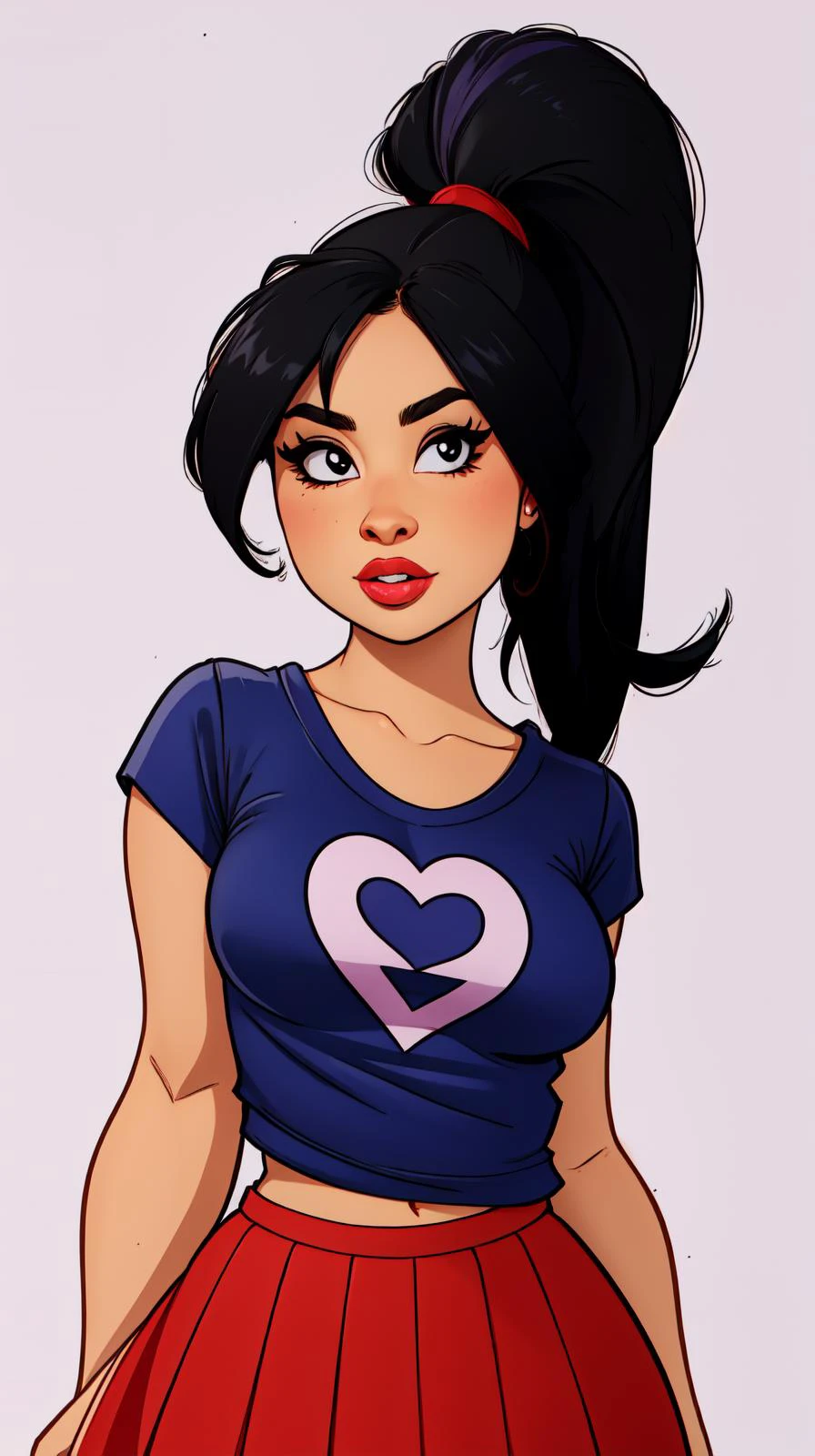 <lora:Jessica_Dupont:1>, solo, upper body, looking at viewer, high ponytail, black and violet harir, black top, t-shirt, red squared skirt, blue background, black hair, simple background, <lora:Sexy School Uniform By Stable Yogi:0.6><lora:p3r3zstyle_v3:0.8>