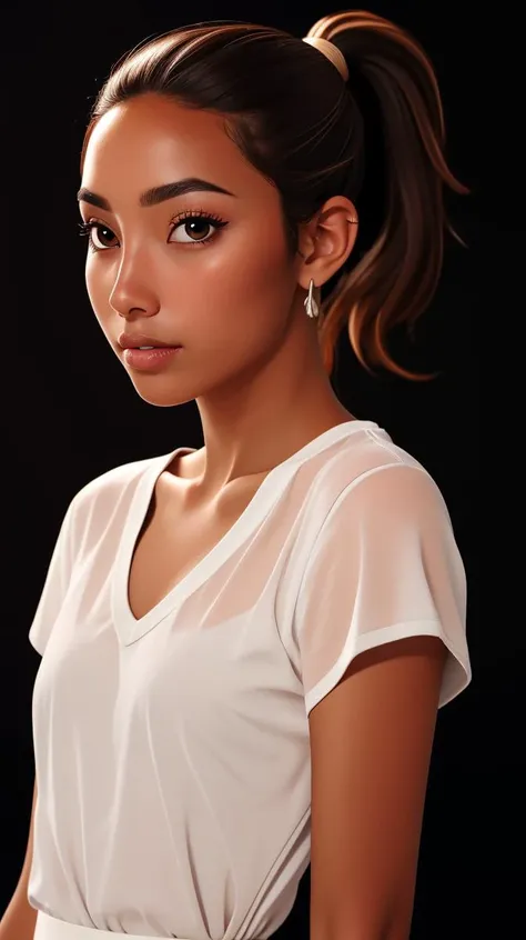 <lora:Clara_Duran:1> brown hair, ponytail, straight hair,  brown eyes, tanned skin, black background, high quality photography