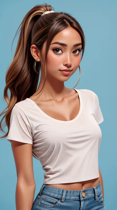 <lora:Clara_Duran:1> brown hair, ponytail, straight hair,  brown eyes, tanned skin, solo, upper body, looking at viewer, white top, t-shirt, denim jeans, blue background, simple background, <lora:LORA-XenoDetailer-v2:1>