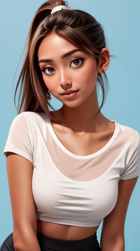 <lora:Clara_Duran:1> brown hair, ponytail, straight hair, brown eyes, tanned skin, solo, upper body, looking at viewer, white top, t-shirt, black mini skirt, blue background, simple background, <lora:LORA-XenoDetailer-v2:1>