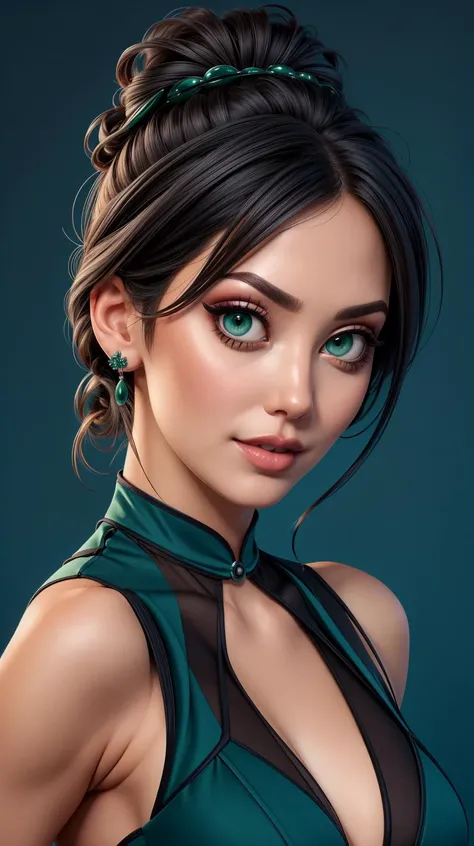 <lora:Adeline_Dupont:1> black updo hair, green eyes, mature, full lips, solo, upper body, looking at viewer, elegant dress, blue background, simple background, <lora:LORA-XenoDetailer-v2:1>