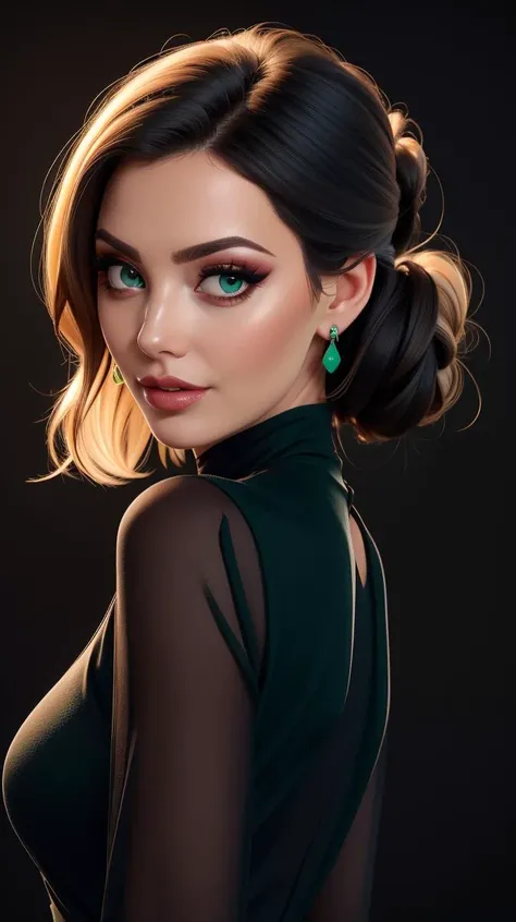 <lora:Adeline_Dupont:1> black updo hair, green eyes, mature, full lips, elegant dress, black background, high quality photography