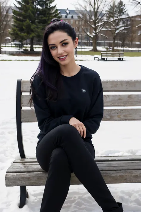 <lora:Jessica_Dupont:.8>high ponytail, black and violet hair, green eyes, oversize sweatshirt,small breasts, skinny, black pants, looking at viewer, smiling, sitting, on bench, legs crossed, outside, park, field, trees, snow, winter, blue sky, high quality, masterpiece,