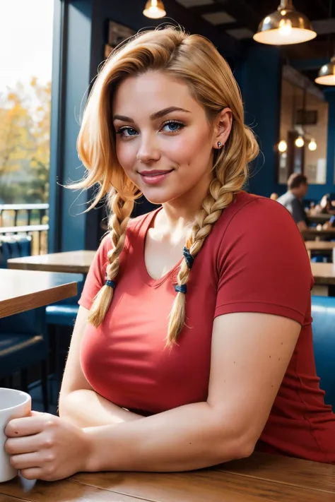 <lora:Paige_Harris:.8>chubby cheeks, curvy, bbw, blonde hair, braids, blue eyes, full lips, red shirt, short sleeves, looking at viewer, smiling, sitting, upper body shot, behind a table, inside cafe, holding coffee mug, soft lighting, high quality, masterpiece