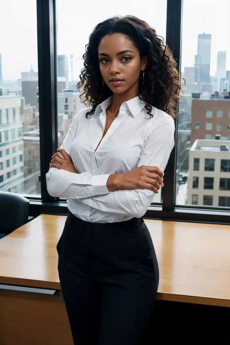 <lora:Laura_Branco:.8>dark skin, black curly hair, honey eyes, white shirt, black slacks, looking at viewer, serious, standing, arms crossed, inside office, desk, window, cityscape, bright lighting,  high quality, masterpiece