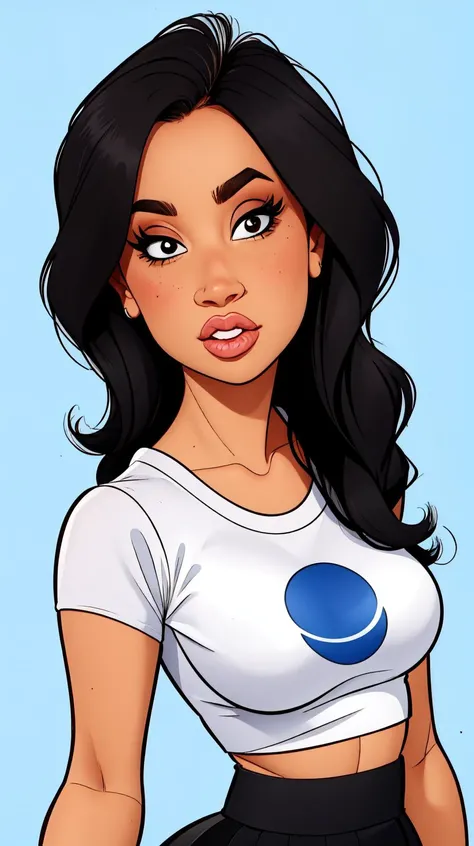 <lora:Jamie_Dominic:1> black wavy hair, brown eyes, full lips, solo, upper body, looking at viewer, white top, t-shirt, black mini skirt, blue background, simple background, <lora:p3r3zstyle_v3:0.8>
