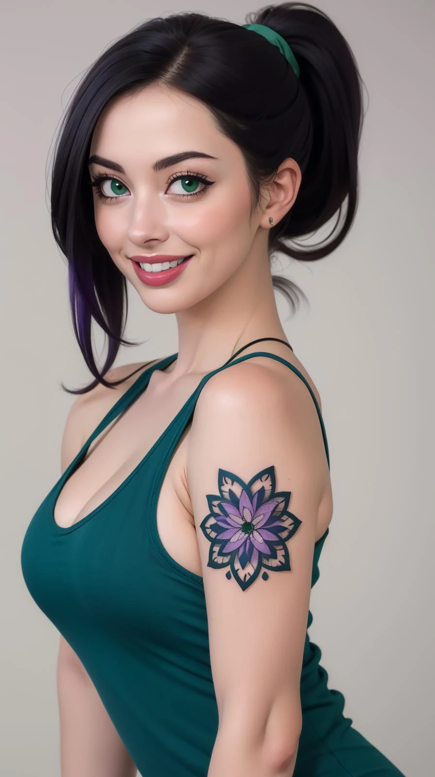 (masterpiece, best quality, ultra-detailed, extremely detailed, intricate details, 8K), 1girl, solo, tank top, cleavage, tattoed arms, smile, happy, parted lips, <lora:Jessica_Dupont:1> high ponytail, black and violet hair, green eyes,