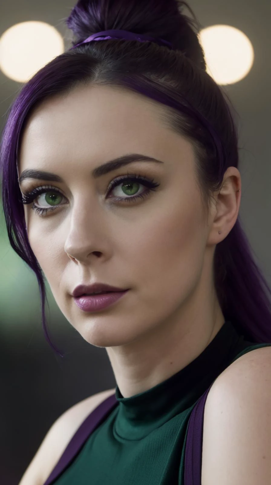 <lora:Jessica_Dupont:1> high ponytail, black and violet hair, green eyes, 1girl, cinematic film still, high quality, best quality, highres, high detail, film grain, looking at viewer, upper body, shallow depth of field, vignette, highly detailed, high budget, bokeh, cinemascope, moody, epic, gorgeous, film grain, grainy,