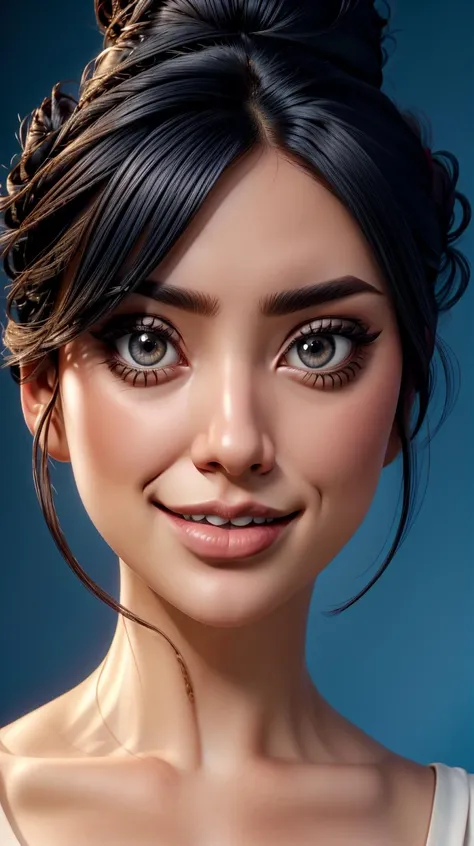 1girl, <lora:DummyleTestino:1>, solo, updo hair, looking at viewer, blue background, black hair, simple background, cleavage, face, <lora:LORA-XenoDetailer-v2:1>
