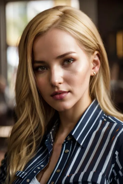 portrait photo of dcm ,(peppermint stripe shirt), (dirty blonde hair), alluring portrait, intricate, highly detailed, digital painting, artstation, concept art, naughty, sharp focus, cinematic lighting, illustration, art by artgerm and greg rutkowski, alphonse mucha, cgsociety,<lora:DoveCameron-RealVision-V1.0:1>