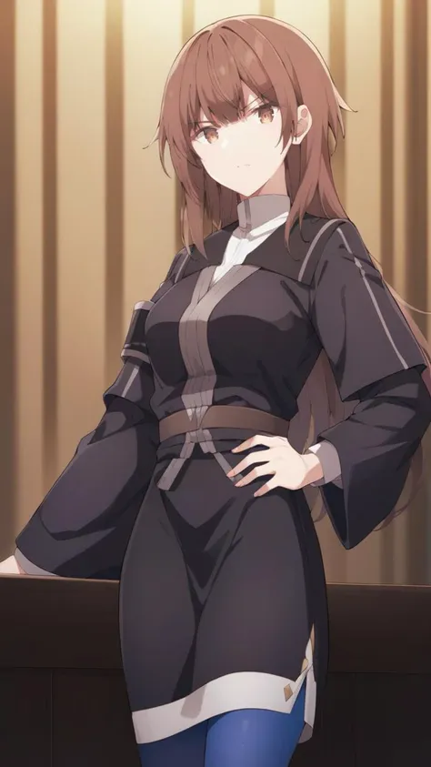 score_9, score_8_up, score_7_up, source_anime,
1girl, solo, indoors, on stage, standing, looking at viewer, serious,
<lora:emilia_ludwell_v2-soralz:0.9>, emilia_ludwell, brown hair, long hair, straight hair, (brown eyes:1.4) bangs,
long sleeves, wide sleeves, black jacket, grey trim, black dress, (lower white dress:1.1), blue pantyhose,
hands on waist