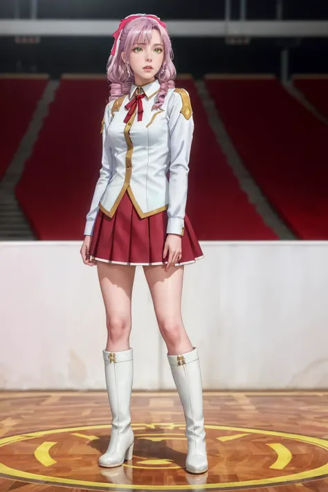 8K,highres,absurdres,masterpiece,best quality,original,extremely detailed CG,extremely detailed wallpaper,perfect lighting,<lyco:GoodHands-beta2:1>,1girl,blurry_background,looking_at_viewer,standing on the stage,
<lora:Abelia Hopleys:0.7>,long hair,pink hair,hair bow,green eyes,white shirt,pleated skirt,red skirt,white boots,