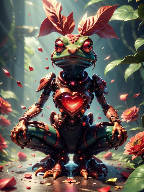 (no human:1.3), illustrious, Darling, cute frog animal, big eyes, dancing on leaves and flower petals, (colorful: 1.2), 3d, <lora:ValentineTech-18:0.8> valentinetech, scifi, tasty details