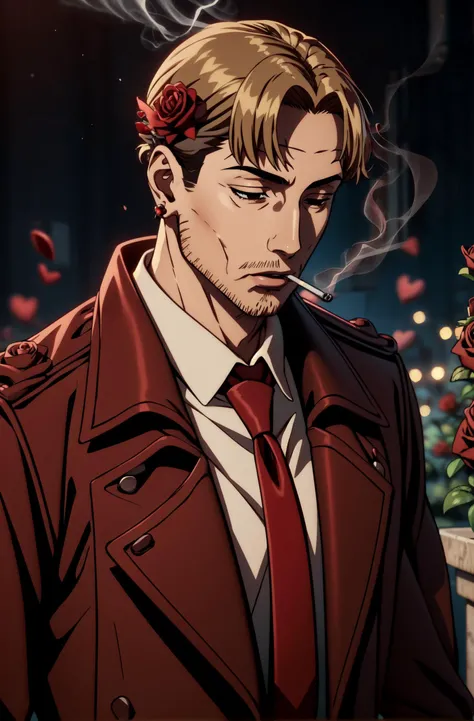 (masterpiece, best quality, detailed), (red:1.4), <lora:ValentineTech:0.8> valentinetech, heart-shaped accessories, 1boy, <lora:csm_kishibe:0.8> kishibe, stitches, formal, red coat, collared shirt, BREAK (blurry background:1.1), roses, wind, petals, <lora:smoking_cigarettes_anime_v1:0.8> smoking a cigarette, mouth, smoking, 1man, a cigarette in his mouth,