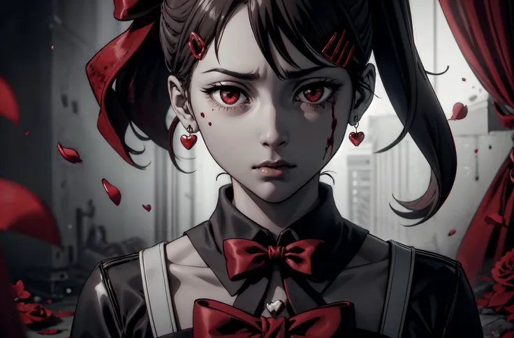 (masterpiece, best quality, detailed), (red monochrome:1.4), solo, close-up, sad, 1girl, wearing classy dress, petals, (blood), hearts, bows, earrings, <lora:ValentineTech:0.8> valentinetech, BREAK <lora:kobeni higashiyama s1-lora-nochekaiser:0.6> kobeni higashiyama, black hair, hairclip, (mole, mole under eye:0.8), ponytail, short hair, (brown eyes:1.2), <lora:LowRA:0.4> dim light, <lora:TCV:0.4>