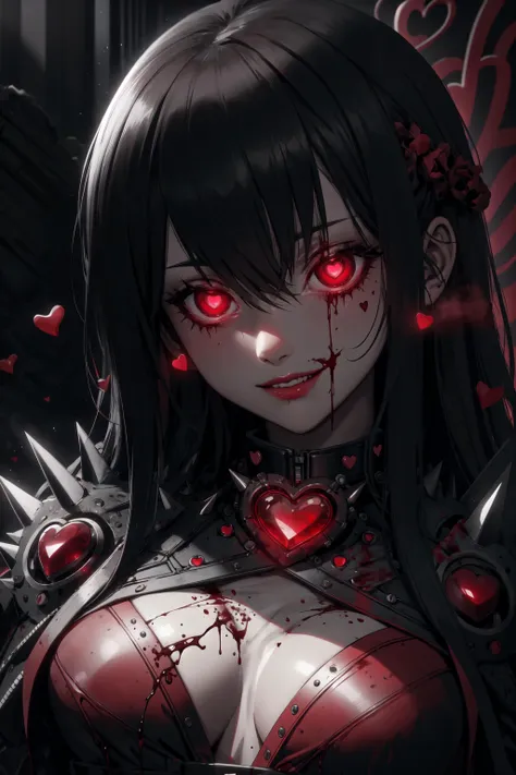 (masterpiece, best quality, detailed), <lora:ValentineTech:0.8> valentinetech, (black and red, monochrome:1.2), solo, close-up, (smirk:1.2), closed mouth, empty eyes <lora:empty_eyes:0.8>, blood on clothes, bloody, spines, spikes, 1girl, sleepy, small breasts, BREAK glowing eyes, <lora:LowRA:0.6> dim light,