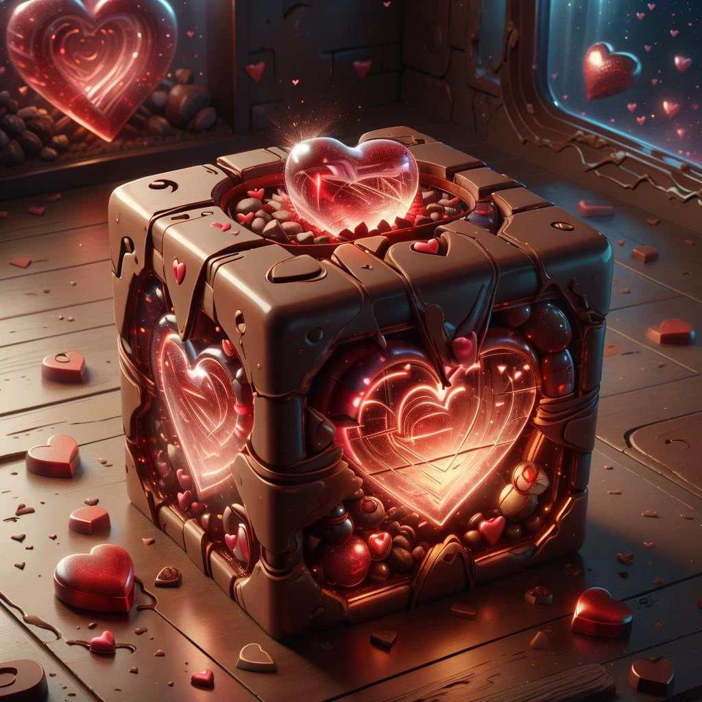 <lora:ValentineTech-18:1>, valentinetech, scifi, tasty details,
(cube:1.1), heart shape , weighted companion cube,