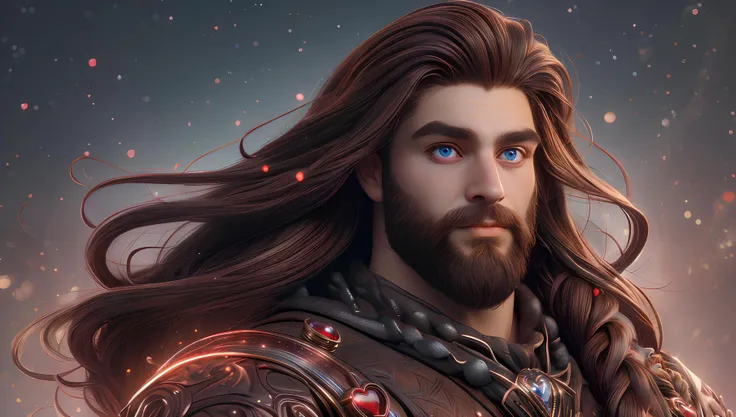 ((upper body portrait)), breathtaking , 4k, masterpiece, best quality, high details, handsome man, strong feature, muscle, long hair, strong big eyes, thick eyebrows, braided beard, bright blue eyes, fantasy background, bokeh, <lora:ValentineTech:0.8> valentine, details <lora:3DMM_V12:0.8> <lora:mirrornun-noise:0.5> mirrornun