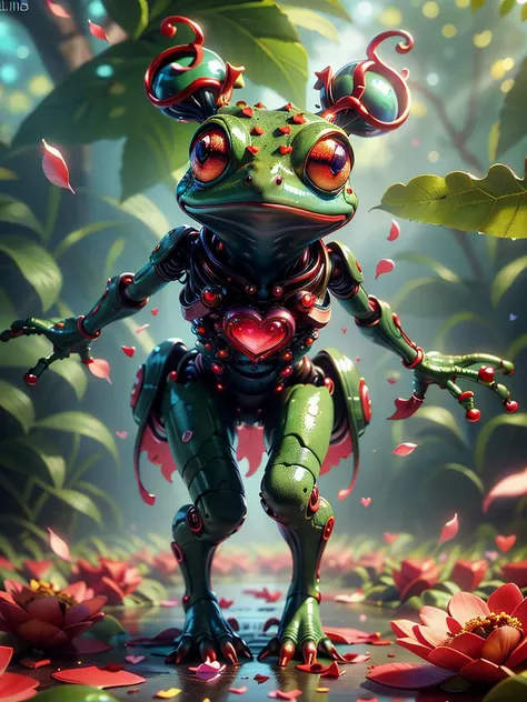 (no human:1.3), illustrious, Darling, cute frog animal, big eyes, dancing on leaves and flower petals, (colorful: 1.2), 3d, <lora:ValentineTech-18:0.8> valentinetech, scifi, tasty details