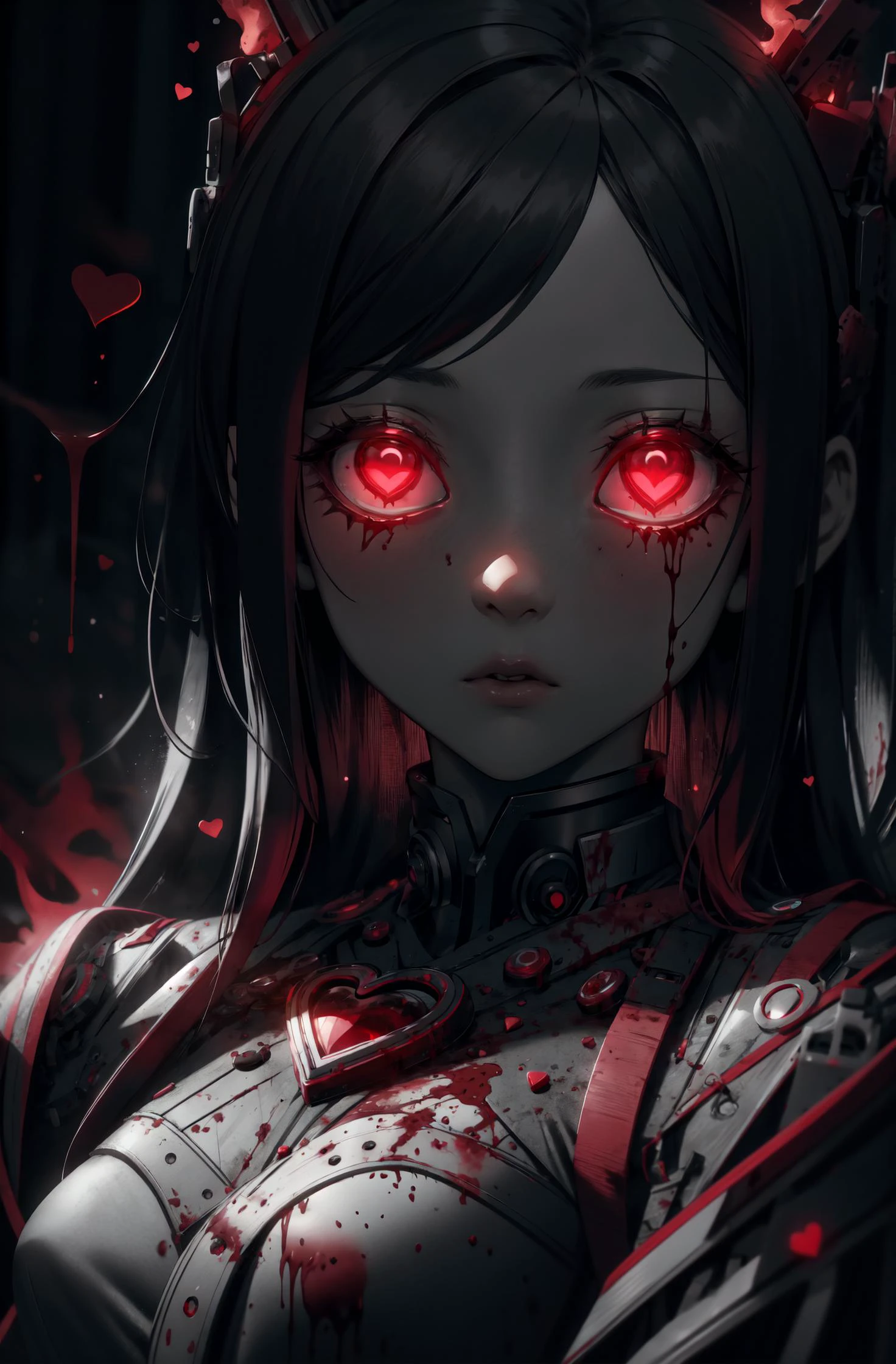 (masterpiece, best quality, detailed), <lora:ValentineTech:0.8> valentinetech, (black and red, monochrome:1.2), solo, close-up, (expressionless:1.2), closed mouth, empty eyes <lora:empty_eyes:0.8>, blood on clothes, bloody, 1girl, sleepy, small breasts, flames, sparks, BREAK glowing eyes, <lora:LowRA:0.6> dim light,
