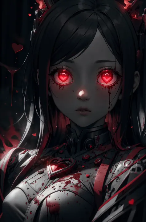 (masterpiece, best quality, detailed), <lora:ValentineTech:0.8> valentinetech, (black and red, monochrome:1.2), solo, close-up, (expressionless:1.2), closed mouth, empty eyes <lora:empty_eyes:0.8>, blood on clothes, bloody, 1girl, sleepy, small breasts, flames, sparks, BREAK glowing eyes, <lora:LowRA:0.6> dim light,