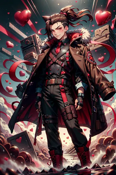 <lora:ValentineTech:1> valentinetech, scifi, tasty details,, ultra detailed, masterpiece, best quality, aesthetic, detailed,, solo, smug smile, 1boy, red eyes, <lora:Tsurime3:0.5>, (tsurime:1.1), black hair, undercut, top knot, parted bangs, long bangs, bangs, short hair, hair intakes, tall,, <lora:StS-Coat-and-Jacket-On-Shoulders-Iteration2:0.7> dataset, jacket on shoulders, (coat on shoulders:1.3), black coat, dress shirt, sleeves rolled up, fingerless gloves, holster, pants, belt, multiple belts, combat boots, bulletproof vest, tactical clothes,