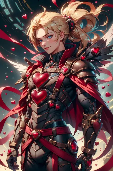 <lora:ValentineTech:1> valentinetech, scifi, tasty details,, ultra detailed, masterpiece, best quality, aesthetic, detailed,, solo, smile, 1boy, blue eyes, medium blonde hair, parted bangs, hair intakes, male focus, muscular male,, armor, pauldrons, cuirass, gauntlets, waist cape, greaves, black bodysuit, surcoat, shoulder sash, wing shoulder armor, cape, pants,