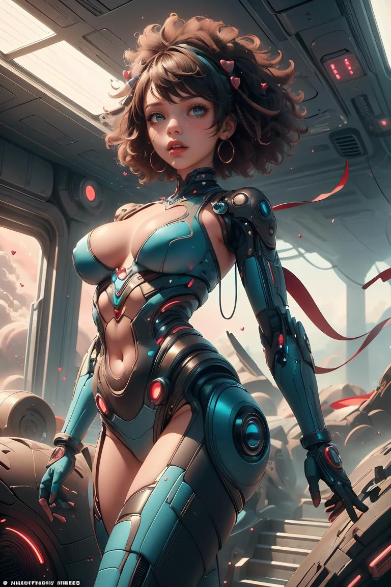 (masterpiece, best quality), 1girl, Smoky Teal Afro, Sizes I to L breasts, <lora:ValentineTech:0.8> valentinetech, scifi, tasty details