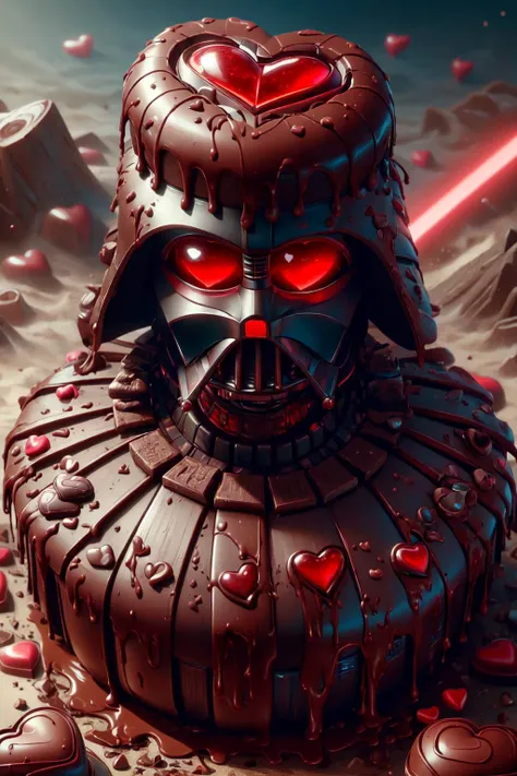 masterpiece, best quality, highres, ultra-detailed, <lora:Darth_Vader-KK77-V1:0.4> darth vader, <lora:ValentineTech-18:1.2> valentinetech, scifi, tasty details, chocolate, (chocolate armor:1.3)