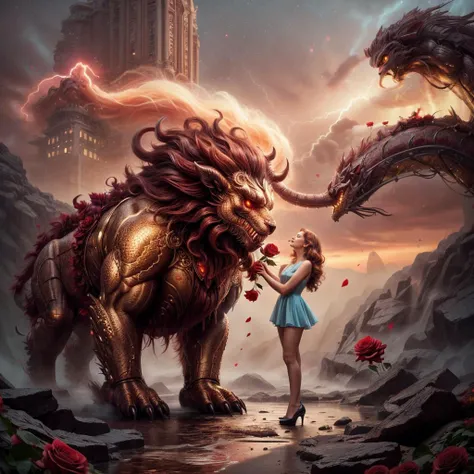 [[Rita Hayworth]] handing a rose to a nigthmarish ((monster))<lora:Nian2024:0.8> Nian2024, creature, niancreature, ( the monster)) is smiling, in love.;  BREAK monster receiving a flower, from Rita Hayworth wearing <lora:Outfit_RoseCouture:0.1> dr3ss, rose coronet, met gala dress,  High-key light golden hour romantic shot of a cult-classic award-winning love ,; BREAK Cinematic Lightning by Nadav Kander, Bruno Dayan, and Nick Knight of the subject: Rita Hayworth and the monster.; BREAK highly detailed full-body shot, high-key cinematic 3-point lightning with CTB and CTO gel filter, Rotolight Orange Cyan, Godox Spotlight Gobo, Golden hour magic hour scenario.  <lora:picxer_real:0.2>,  <lora:ValentineTech-18:0.4> valentinetech, landscape, tasty details.; BREAK Romantic atmosphere,  <lora:add_detail:0.4>,  <lora:more_details:0.4>,