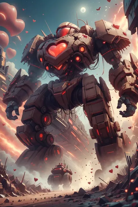 valentinetech, scifi, tasty details, huge colossal battle mech , destruction, from below,<lora:ValentineTech-18:0.8>,