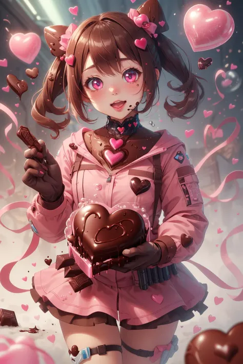 ((girl)),(kawaii),(kawaii),(chocolate war:1.2),(pink love bomb),(bubble gun),valentinetech,tasty details,scifi,gunfire,dust,<lora:ValentineTech-18:0.6>,love gift,