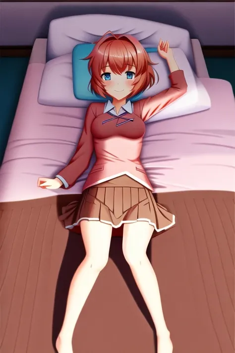 1girl, sayoriddlc ,solo, skirt, smile, bow, hair bow, blue eyes, short hair, laying on bed
