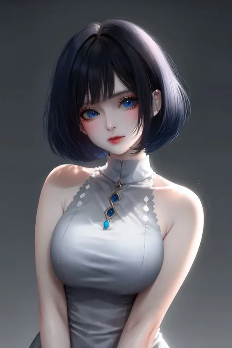 1girl,kyrie-style,solo,shiny skin,black hair,bob cut,badass,upper body,blue eyes,looking at viewer