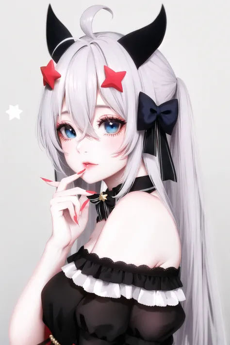 1girl, ahoge, animal ears, bangs, bare shoulders, black background, black bow, blue bow, blue eyes, bow, closed mouth, detached collar, detached sleeves, fingernails, frills, from side, hair between eyes, hair bow, hair ornament, hand up, horns, kyrie-style, lips, long hair, looking at viewer, parted lips, solo, star \(symbol\), star hair ornament, strapless, twintails, upper body, white collar, white hair,(masterpiece),(best quality)