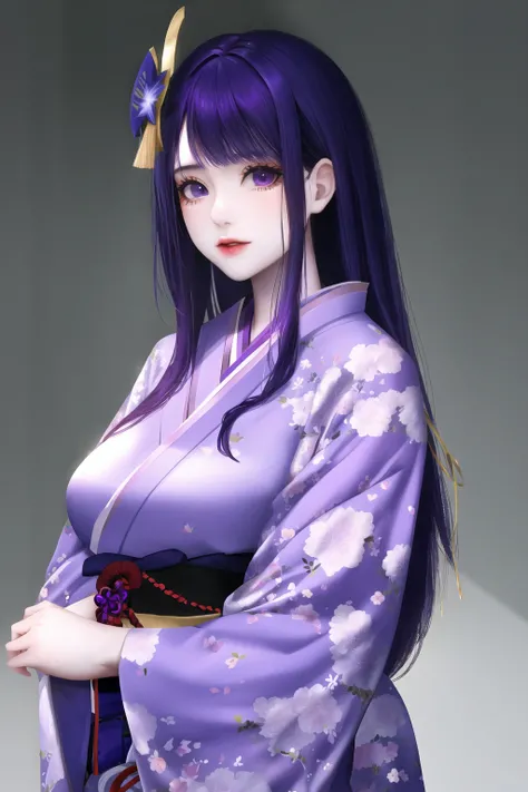 1girl, kyrie-style,raiden shogun,solo,puple kimono,purple hair,long hair,mature female,looking at viewer,hair ornament,upper body,(masterpiece),(best quality)