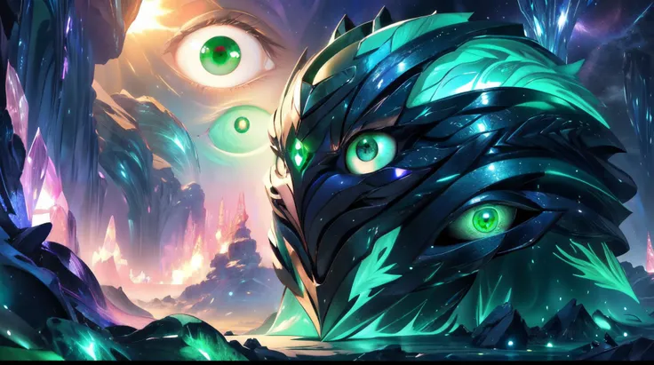 (masterpiece, best quality, fullscreen), [(full body:0.9)::0.2] portrait (photo of a Superb mind control [magical being:creature:0.2]:1.3), <lora:EYES Eyes - Uneven:0.5> UNEVEN_EYES,WIDE-EYED, (many many Diminutive shining Green eyes:1.5), (huge visible brain:1.4), (Shiny Eclipsing skin texture:1.5), (Regency Crystalline body with Amphibian head and with one Feathered Appendages:1.2), <lora:EFFECT ManyEyedHorrorAI:0.2> (manyeyedhorrorai:1.2), <lora:EFFECT gl0w1ngR3Civit:0.3> gl0w1ngR runes, <lora:MONSTER ral-zhibi-sd15:0.2> zhibi, (Flashing Morganite Pink Otherworldly Glow lighting:1.3), (background in dreamy kingdom with A gate formed from swirling clouds, offering a passage to the celestial realms and Creating Illusions on a Larger Scale:1.2), <lora:EFFECT eyes everywhere:0.3> eyes everywhere, full of eyes, yanjing, (saturated [light blue,pure white] global lighting:1.6), <lora:BACKGROUND ç»ªå¿-æ¢¦å¹»åºæ¯ dream like:0.1> dream like, <lora:QUALITY Space - [Background] - Version 1:0.7>, , (look at the viewer:1), , <lora:SLIDER muscle_slider_v1:-0.5>,<lora:LIGHT neon ç»ªå¿-åªå½± curvy:0.4> curvy, silhouette, <lora:BACKGROUND booscapes_v2:0.3>, <lora:QUALITY add_detail:0.4>, <lora:QUALITY kkw-better-v1.0a:0.1>, (Full body Shot, Shallow Focus Shot, Low Angle Shot:[1.2:0.5:0.1]), heavily detailed, haunting, fairytale, (asymmetric composition:1.4), (sharp focus), , (no humans), xtremely detailed faces2.0, epic composition, lost civilizations2.5
