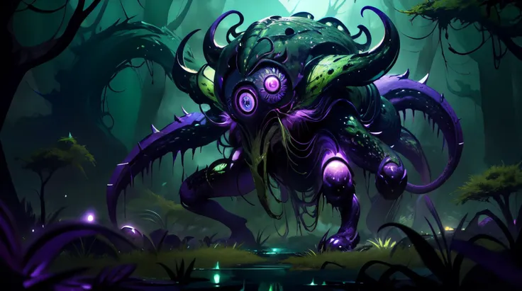 (masterpiece, best quality, fullscreen), [(full body:1.1)::0.2] portrait (photo of a decaying [magical being:creature:0.4]:1.3), <lora:EYES Eyes - Uneven:0.4> UNEVEN_EYES,WIDE-EYED, (green and purple Diseased Skin texture:1.3), (shadowy tendrils, Slimy hairs, Decayed Appearance, Taint and Stains, Consumed Eyes, dark whispers, Dissolving Features, Sickly Colors, Consumed Symbols:1.4), (Dark Purple Aura:1.2), (Disgusting appearance overall:1.2), , (Crab body shape:1), (Dog head:1), (one Multi-Jointed Appendages:1), <lora:EFFECT symbiote style 1.5:0.5> symbiote style, <lora:EFFECT tentacles-mouth5-000004:0.2> (tentacles mouth,many eyes,eye split,blood:1.1), <lora:MONSTER kUglyCreaturesV2:0.5> U61yCre4ture, (dark [sick green, purple] Swamp background:1.3), <lora:EFFECT Gloomifier_TheDread_V1_LECO:0.2>, <lora:BACKGROUND misty of forest:0.1> misty of forest, , , (look at the viewer:1.1), , <lora:SLIDER weight_slider_v2:-0.5>,<lora:LIGHT epi_noiseoffset2:0.4>, <lora:BACKGROUND booscapes_v2:0.3>, <lora:QUALITY add_detail:0.4>, <lora:QUALITY kkw-better-v1.0a:0.3>, (Full body Shot, Shallow Focus Shot, Low Angle Shot:[1.2:0.5:0.1]), heavily detailed, whimsical, eerie, (asymmetric composition:1.5), (sharp focus), , (no humans), ricate, Assassin's creed, evil, shadows, artstation, concept art, smooth, sharp focus, finalRender, 4K, artstation, graphic novel, JRPG screenshot