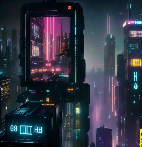 photo raw digital image detailed HQ bladerunner from above, dystopian noir cyberpunk William Gibson city lights, skyscrapers silhouettes <lora:Hyper detailer - v0.95:0.35> <lora:Blader1:1> neon electronics large flat screen tv, billboard, dark brooding atmosphere