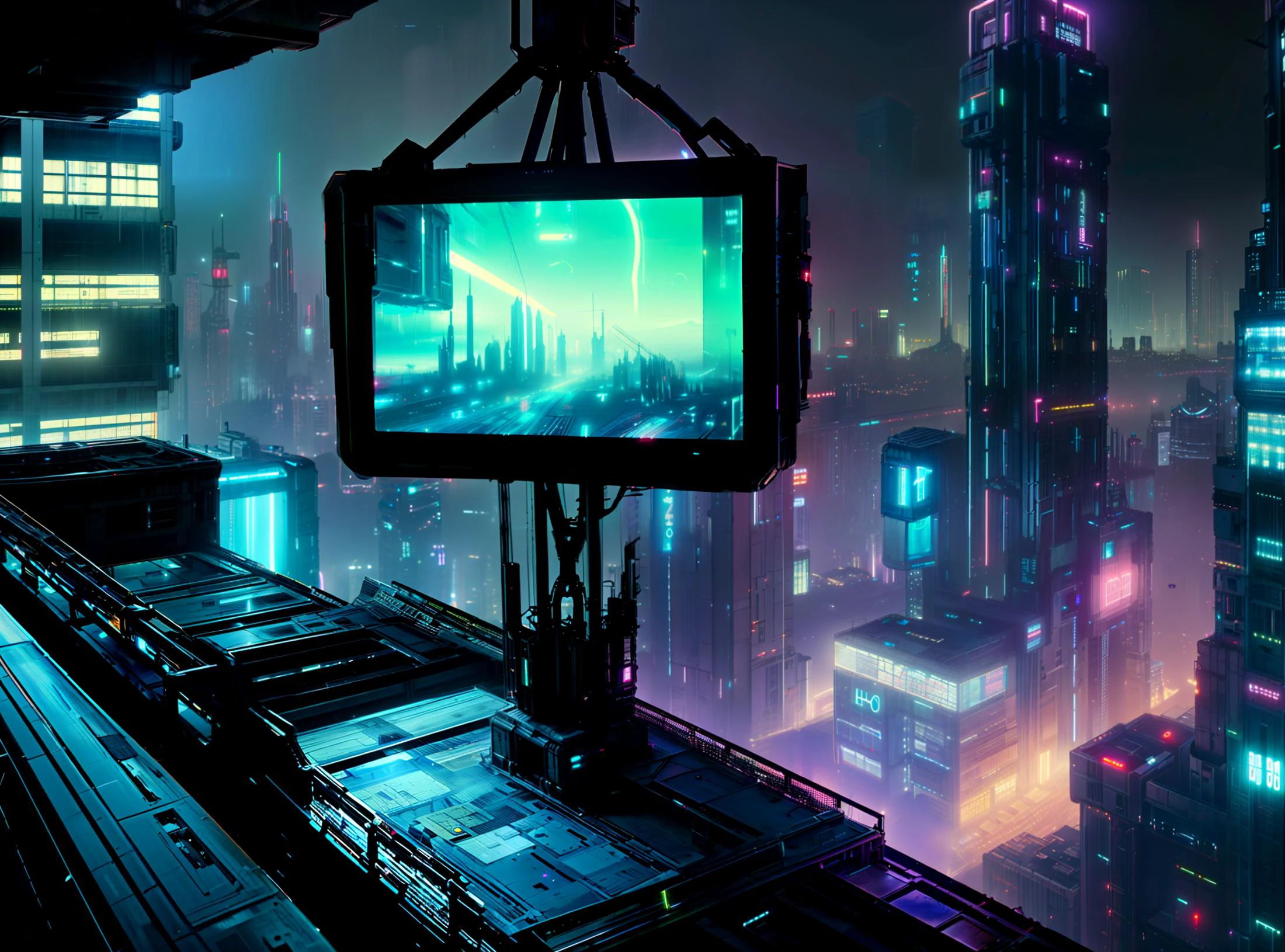 photo raw digital image detailed HQ bladerunner from above, dystopian noir cyberpunk William Gibson city lights, skyscrapers silhouettes <lora:Hyper detailer - v0.95:0.4> <lora:Blader1:1> neon electronics large flat screen tv, billboard, dark brooding atmosphere balcony tower crane suspension bridge