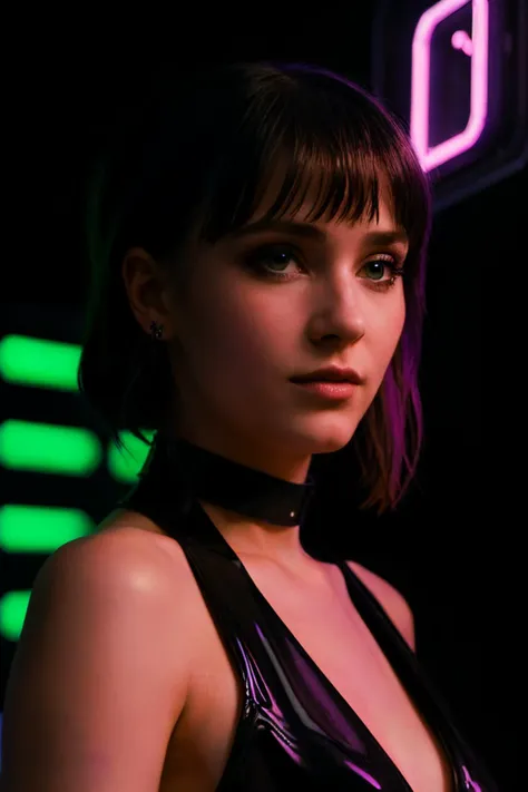 portrait of a bladerunner woman, black choker, (neon lighting), <lora:bladerunnerv2-1:1>, light contrast