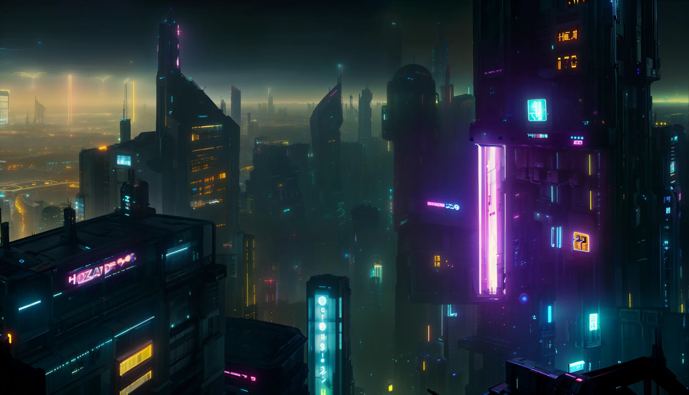 photo raw digital image detailed HQ vista horizon bladerunner from above, dystopian noir cyberpunk William Gibson city lights, skyscrapers silhouettes <lora:Hyper detailer - v0.95:0.4> <lora:Blader1:1> neon electronics large flat screen tv, billboard, dark brooding atmosphere balcony tower crane suspension bridge yellow_signs police lights pyramid \(structure\), tokyo skyline