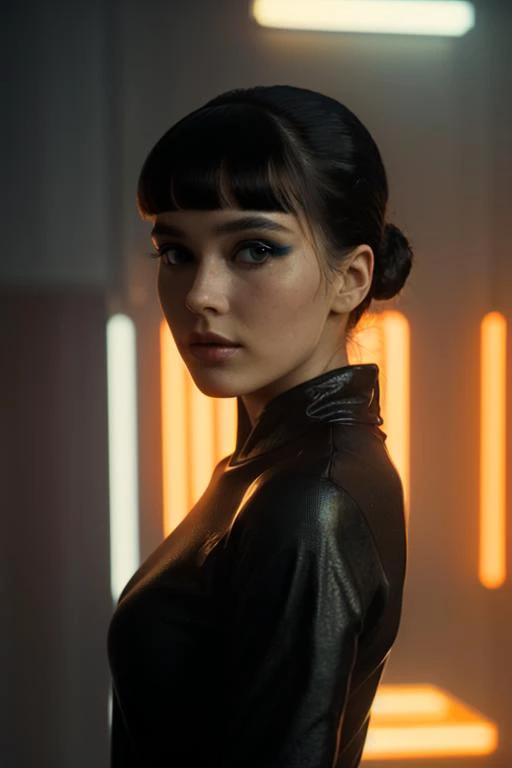 bladerunner 1girl,  bright lighting, looking at viewer, dystopian, cyberpunk, streetwear, portrait <lora:bladerunner:0.5>, (orange lighting:1)